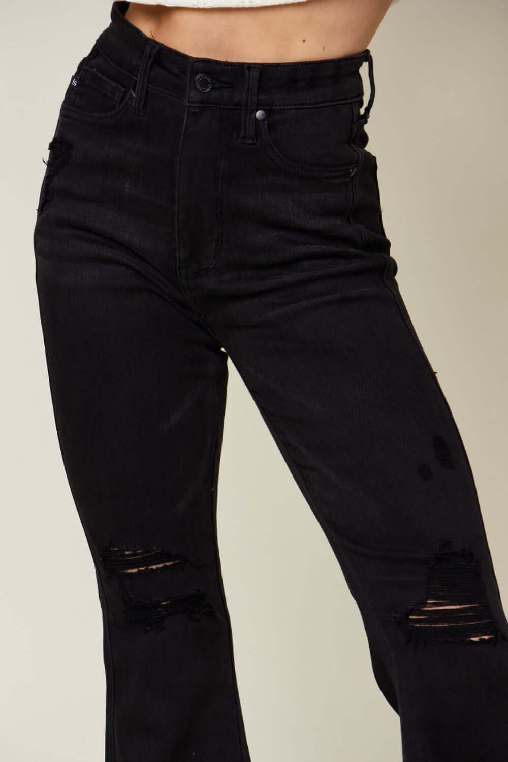 High Waist Distressed Black Flare Jeans by Judy Blue, Full Size, Retro-inspired with Edgy Details, Versatile for Various Occasions