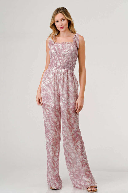 GEEGEE Printed Tie Shoulder Wide Leg Jumpsuit at Bella Road