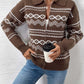 Woman wearing Perfee Geometric Zip Up Collared Neck Long Sleeve Cardigan, holding a coffee cup, showcasing the stylish brown geometric design.