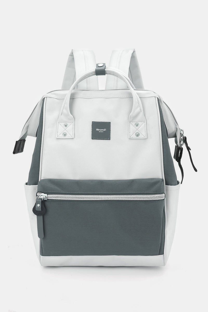 Himawari water-resistant canvas backpack in grey and white with side pockets, perfect for adventure and organization.