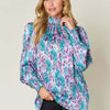 Printed Smocked Long Sleeve Blouse | Full Size - Sky Blue