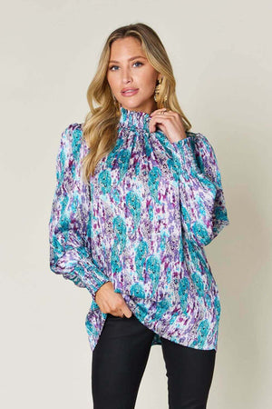 DOUBLE TAKE Full Size Printed Smocked Long Sleeve Blouse at Bella Road