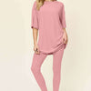 Round Neck Dropped Shoulder T-Shirt and Leggings Set | Full Size - Dusty Pink