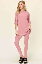 DOUBLE TAKE Full Size Round Neck Dropped Shoulder T-Shirt and Leggings Set at Bella Road