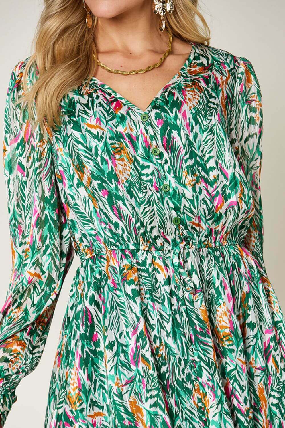 DOUBLE TAKE Full Size Printed Drawstring Waist Long Sleeve Dress at Bella Road