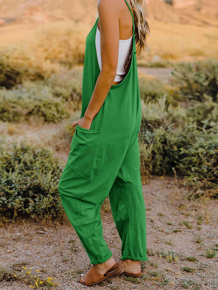 DOUBLE TAKE Full Size Sleeveless V-Neck Pocketed Jumpsuit at Bella Road