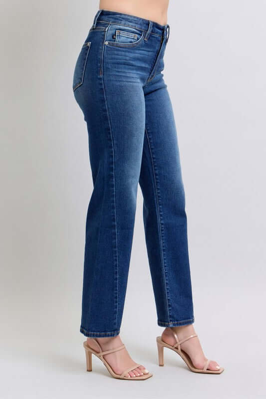 Judy Blue full-size straight jeans with unique side seam detail, styled with chic heels for a modern look.