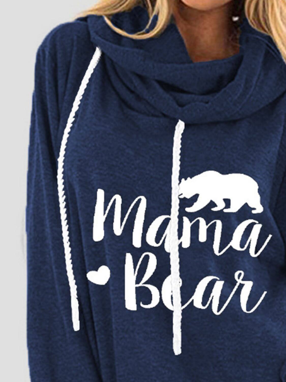 Woman wearing Bella Road Drawstring Letter Graphic Long Sleeve Hoodie with "Mama Bear" text and bear graphic in navy blue color.