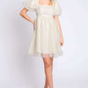 Pearl Mesh Puff Sleeve Babydoll Dress - Cream