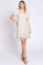 GEEGEE Pearl Mesh Puff Sleeve Babydoll Dress at Bella Road