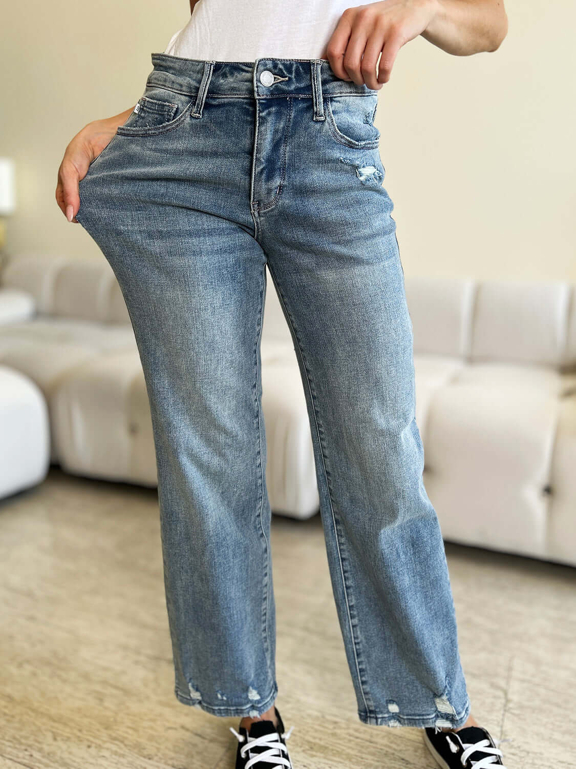 High Waist Distressed Straight Jeans by Judy Blue, women's denim with edgy distressed detailing and a flattering high waist design.