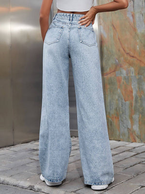 Bella Road Distressed Wide Leg Jeans with Pockets, showcasing trendy back view for stylish comfort.