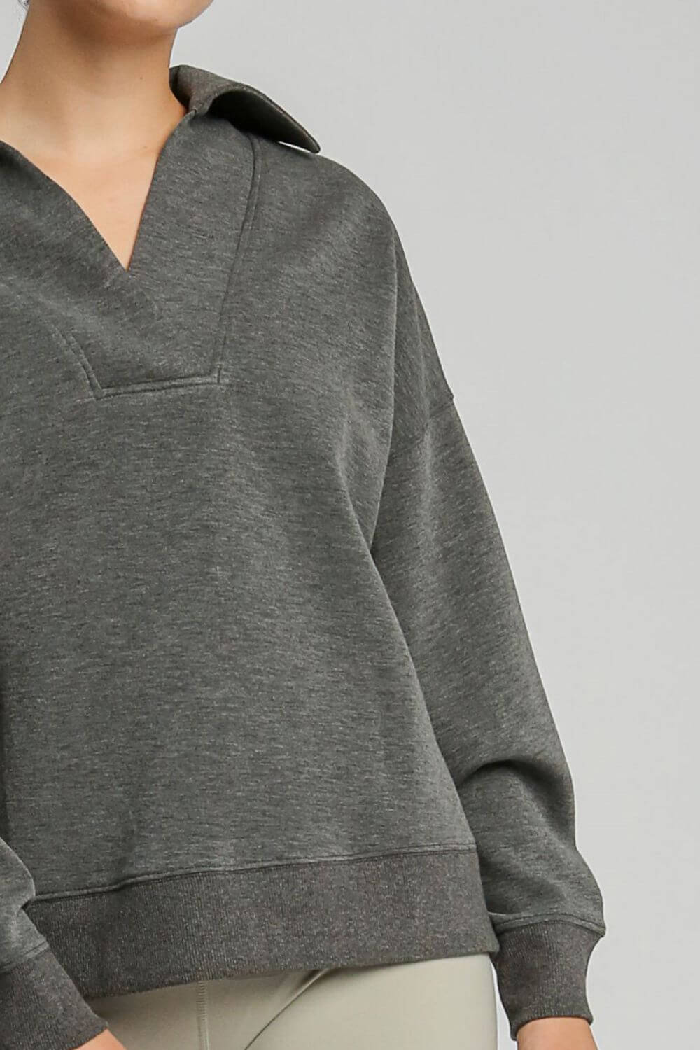 Stylish Umgee Johnny Collar Dropped Shoulder Sweatshirt in gray, perfect for casual comfort and trendy looks.