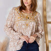 Embroidered Printed Balloon Sleeve Blouse - TAUPE