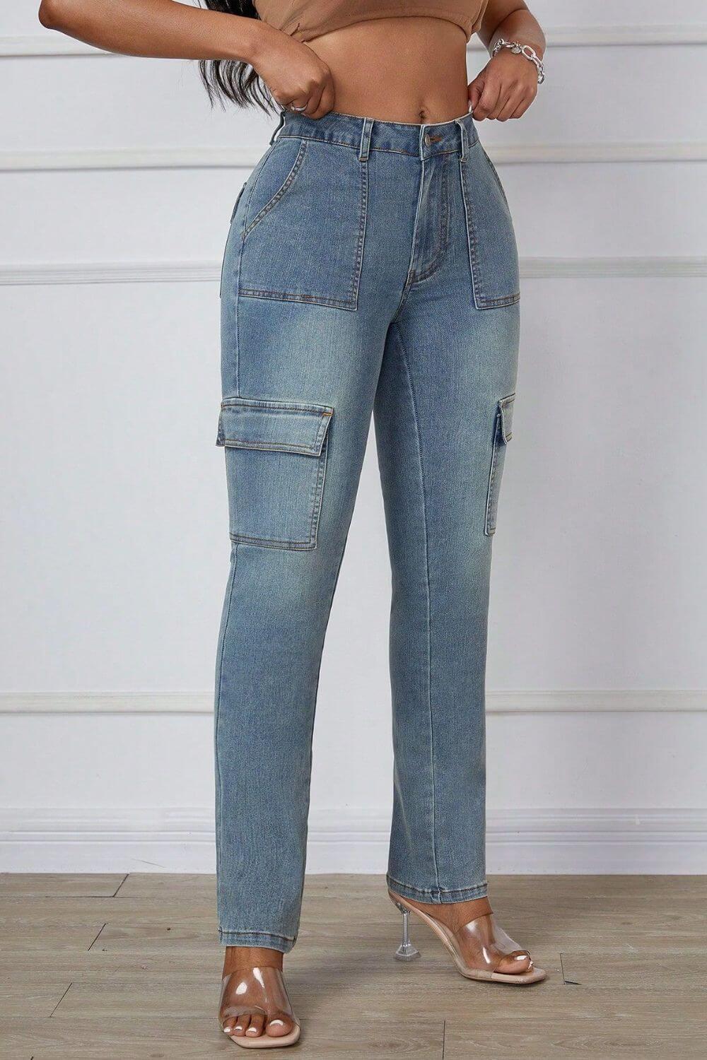 Stylish Bella Road skinny jeans with cargo pockets, perfect for a trendy and practical look.