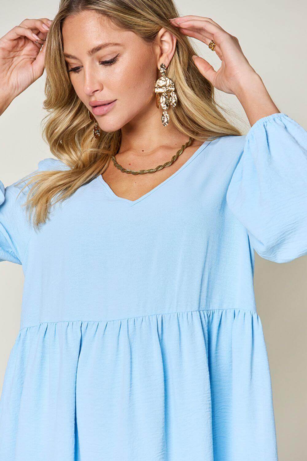 DOUBLE TAKE Full Size V-Neck Balloon Sleeve Tiered Dress at Bella Road