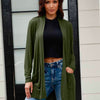 Open Front Long Sleeve Cardigan with Pockets - Army Green