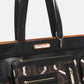 Nicole Lee USA geometric pattern large handbag close-up showing pockets and brand logo.