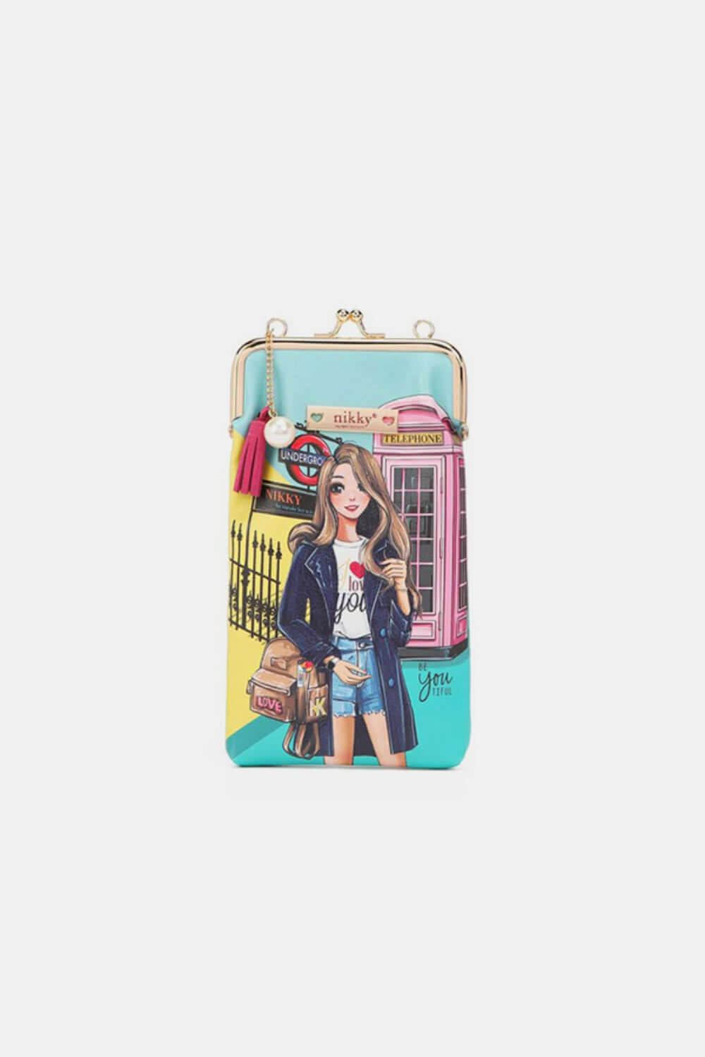 Nicole Lee USA printed kiss-lock phone and sunglass purse with stylish design, featuring a fashionable woman illustration.