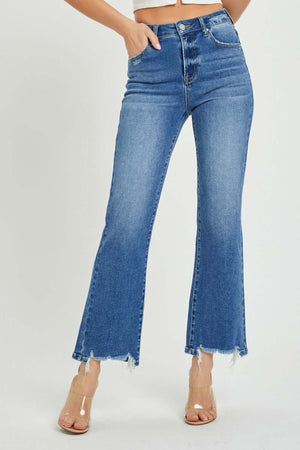 RISEN High Rise Straight Jeans with raw hem and high-rise waist for a flattering and timeless look, paired with clear high-heel shoes.