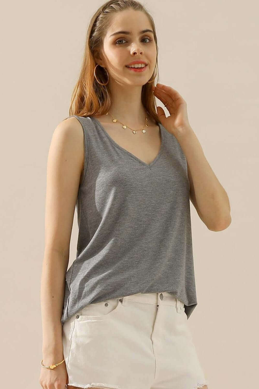 NINEXIS Full Size V-Neck Curved Hem Tank at Bella Road