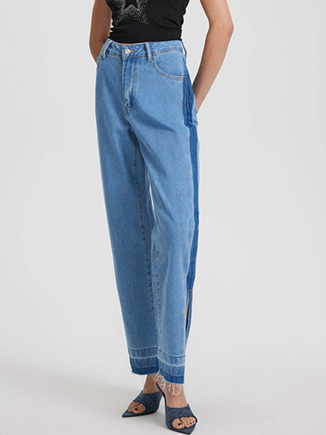 Bella Road Slit Straight Leg Jeans with pockets, featuring a stylish slit and slightly stretchy cotton blend fabric. Perfect for any occasion!