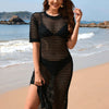 Slit Openwork Round Neck Cover-Up - Black