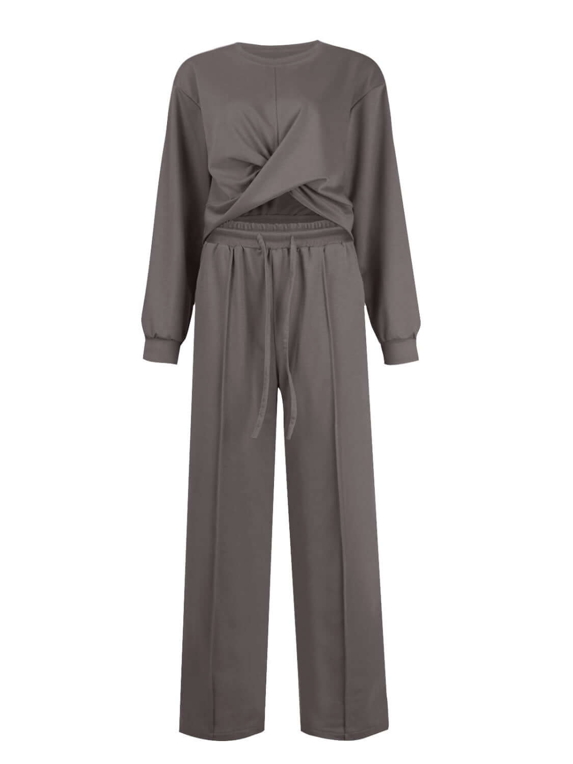 Bella Road Crisscross Round Neck Top and Drawstring Pants Set in grey, stylish two-piece outfit made from 100% polyester, perfect for casual outings.