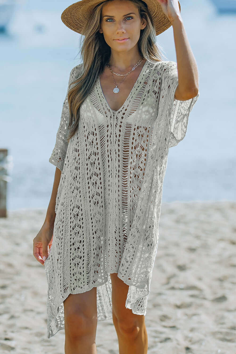 BELLA ROAD Openwork V-Neck Slit Cover Up at Bella Road