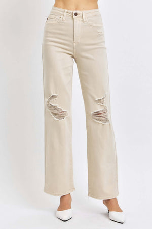 High Waist Distressed Wide Leg Judy Blue Jeans in beige, showcasing trendy ripped details and a chic, versatile wide-leg fit.