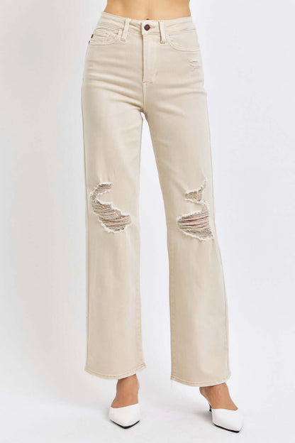 High Waist Distressed Wide Leg Judy Blue Jeans in beige, showcasing trendy ripped details and a chic, versatile wide-leg fit.