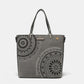 Nicole Lee USA grey tote bag with metallic stitching, embroidery, rhinestones, and dual straps.