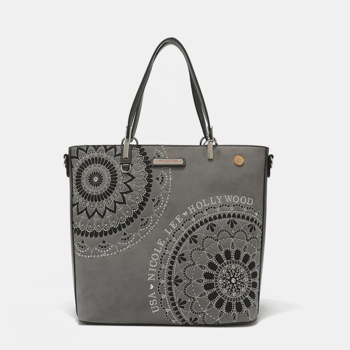 Nicole Lee USA grey tote bag with metallic stitching, embroidery, rhinestones, and dual straps.