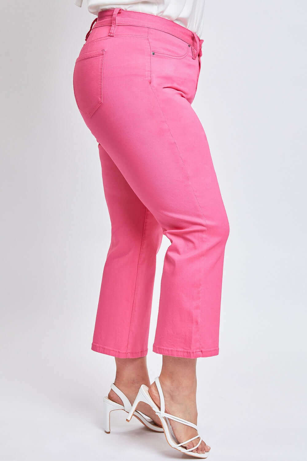 Mid-rise hyperstretch cropped straight pink pants by YMI Jeans for versatile, stylish, and comfortable fit, perfect for any modern wardrobe.