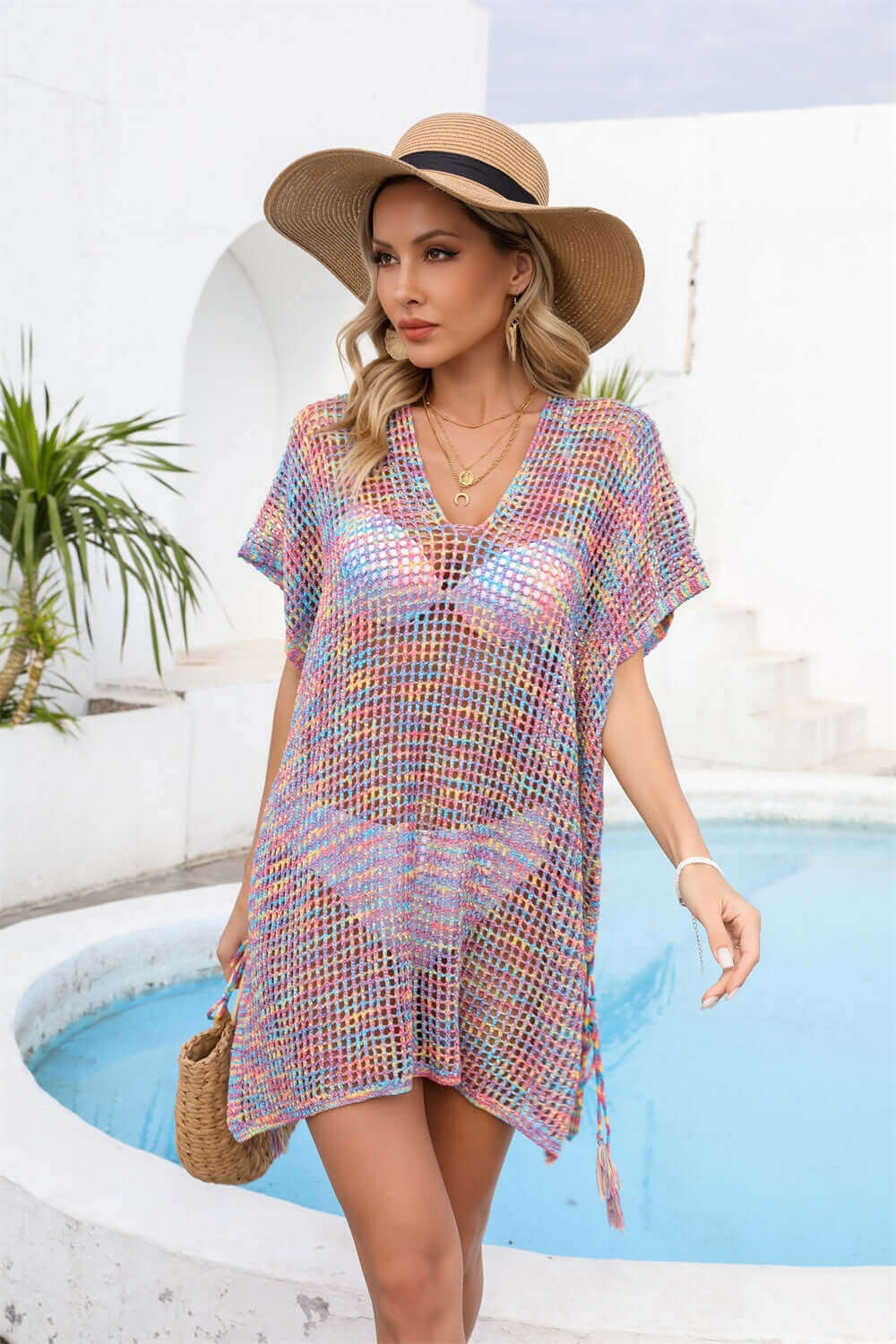 BELLA ROAD Openwork Slit V-Neck Cover Up at Bella Road