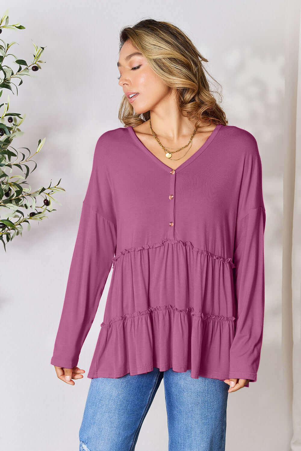 DOUBLE TAKE Half Button Long Sleeve Ruffle Hem Blouse at Bella Road