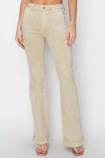 High Rise Side Slit Cargo Bootcut Risen Jeans with Cargo Pockets in Beige, Model Front View