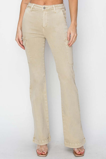 High Rise Side Slit Cargo Bootcut Risen Jeans with Cargo Pockets in Beige, Model Front View