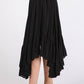 Elegant black handkerchief hem midi skirt with pockets and elastic waistband, perfect for versatile styling options.