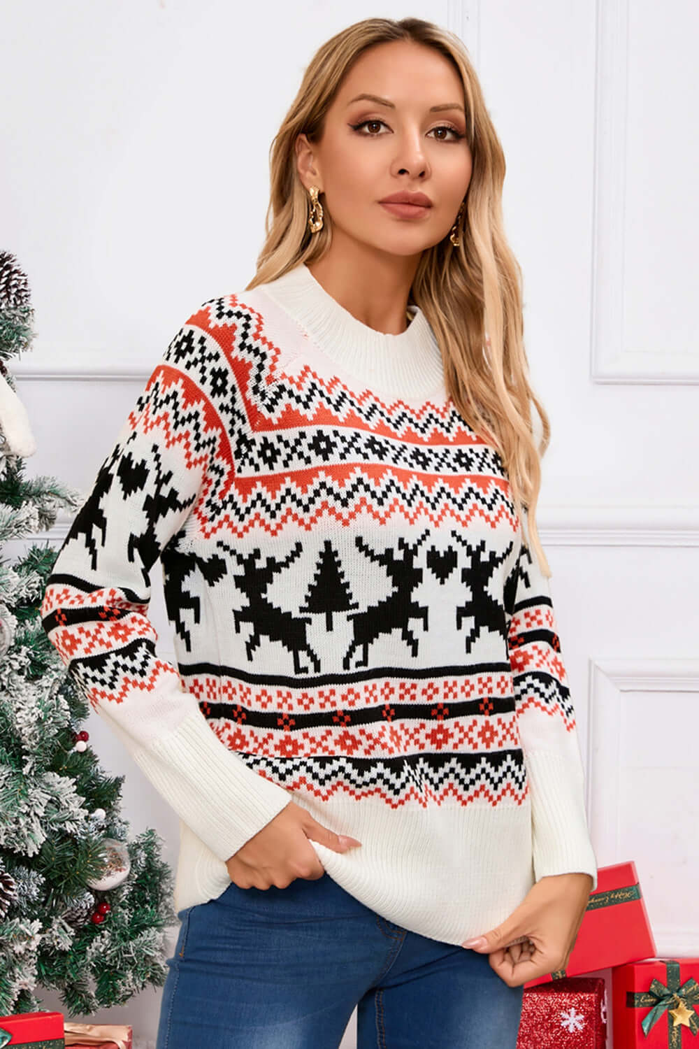 Cozy reindeer sweater with festive pattern and round neck, perfect for holiday cheer and style.