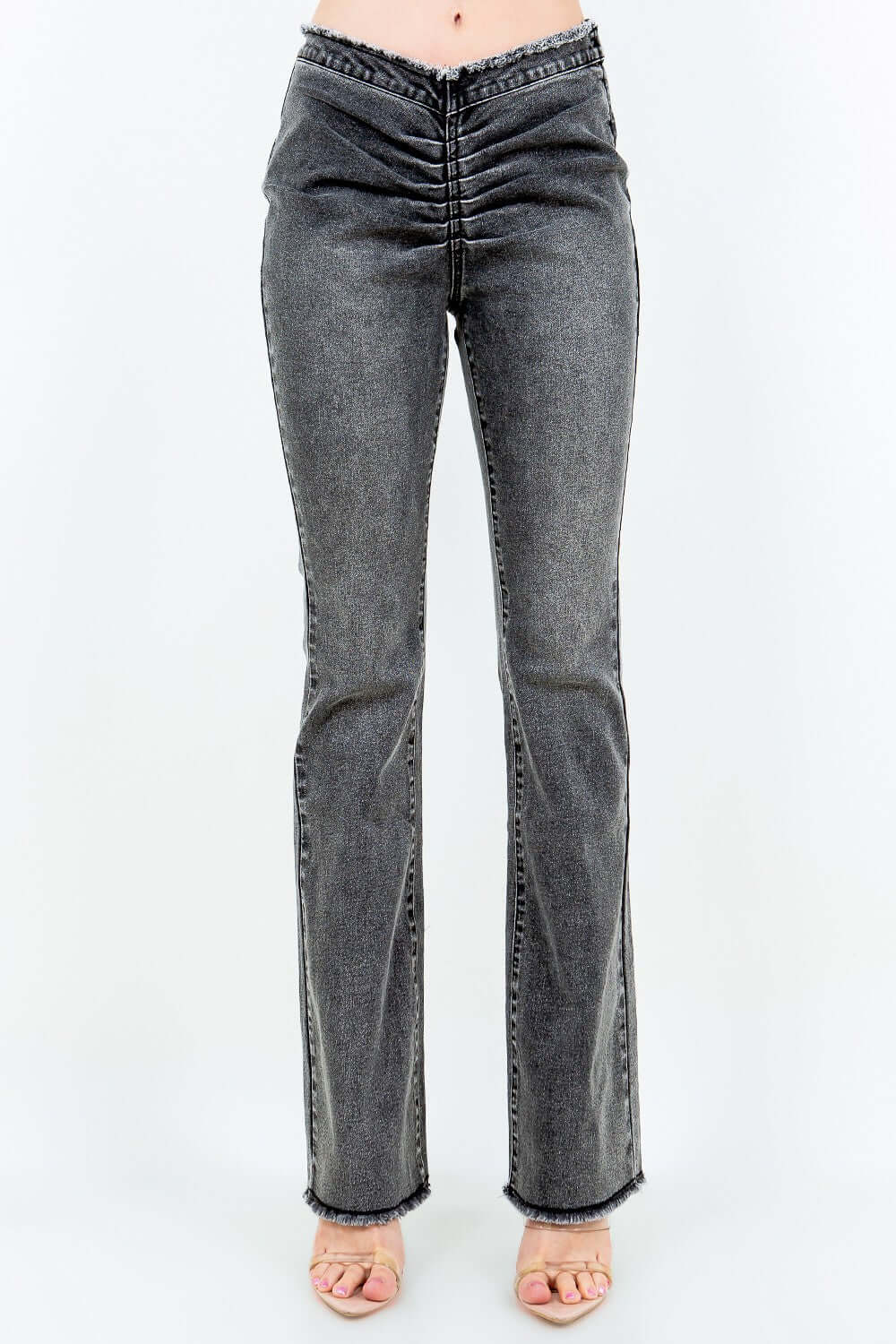 American Bazi V-Cut Ruched Flare Pants with side zipper closure and slim-fitting silhouette.