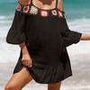 Crochet Cold Shoulder Three-Quarter Sleeve Cover Up - Black