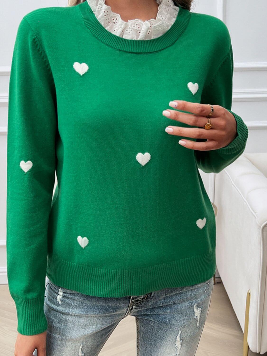 Woman wearing Devine Lace Detail Heart Long Sleeve Sweater in green with white lace collar and heart detailing