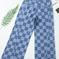 Bella Road Checkered Wide Leg Jeans with Pockets in blue, featuring a stylish checkered pattern and no-stretch material.