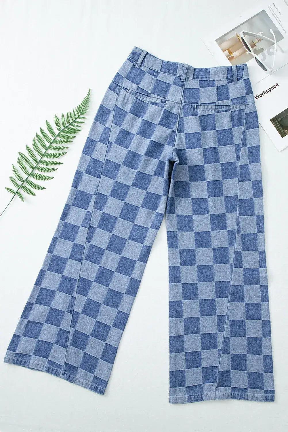 Bella Road Checkered Wide Leg Jeans with Pockets in blue, featuring a stylish checkered pattern and no-stretch material.