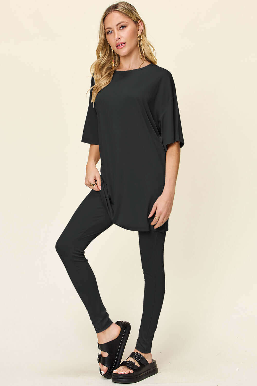 DOUBLE TAKE Full Size Round Neck Dropped Shoulder T-Shirt and Leggings Set at Bella Road