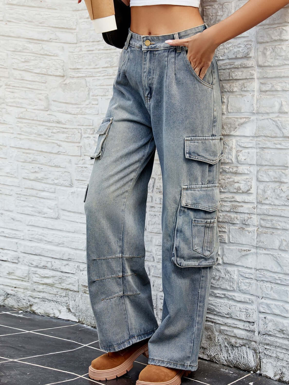 Bella Road washed jeans with pockets, buttoned denim pants, casual and stylish, front view.