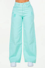 Trendy American Bazi High Waist Distressed Wide Leg Jeans in mint green color with stylish rips.