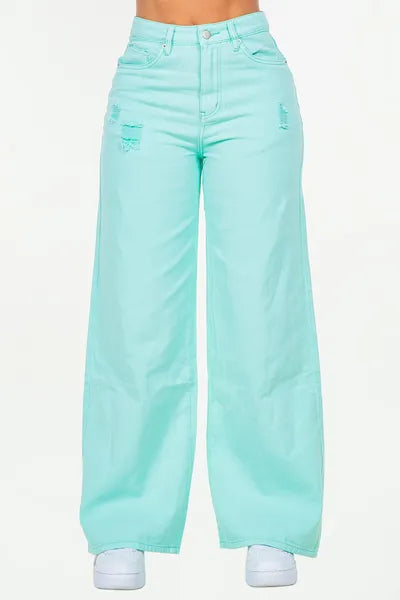 Trendy American Bazi High Waist Distressed Wide Leg Jeans in mint green color with stylish rips.