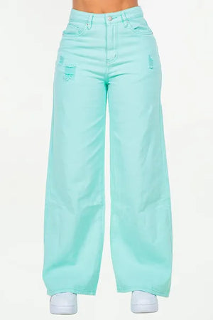 Trendy American Bazi High Waist Distressed Wide Leg Jeans in mint green color with stylish rips.